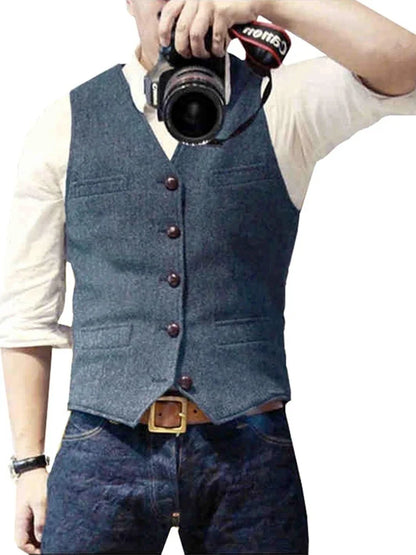 Men's Herringbone Vest – Single Breasted Formal Waistcoat for Business & Casual Wear