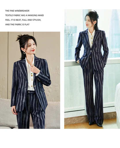 Fashion Autumn Winter Ladies Pant Suit Women Striped Female Business Work Wear Jacket Blazer and Trouser Formal 2 Piece Set