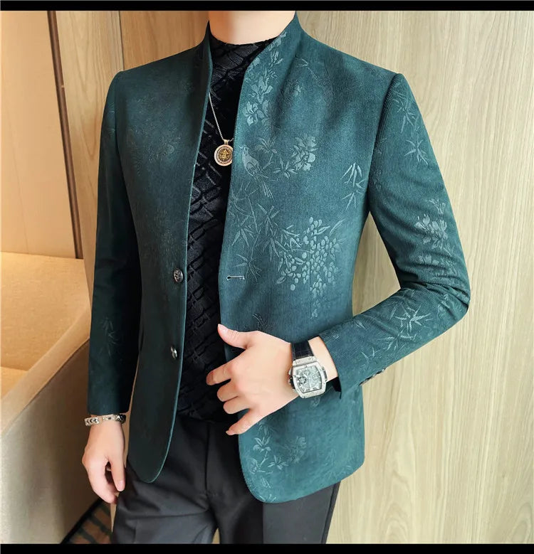 2025 Spring Trendy Jacquard Suit Jacket Men Stand Up Collar Casual Blazers Slim Wedding Business Streetwear Social Dress Coats