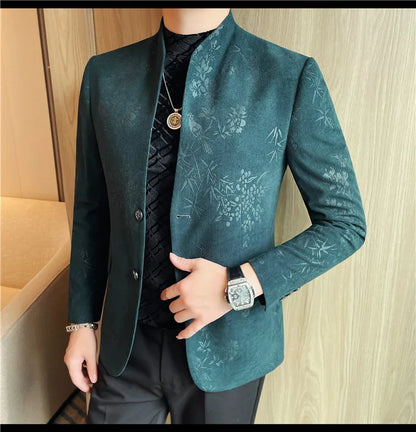 2025 Spring Trendy Jacquard Suit Jacket Men Stand Up Collar Casual Blazers Slim Wedding Business Streetwear Social Dress Coats