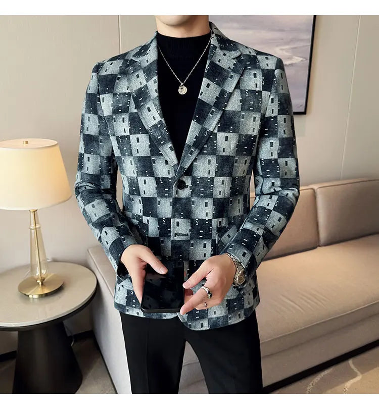 New High Qualitys Denim Jacquard Suit Jacket Men Slim Fit Business Social Formal Social Suit Coats Tailcoats Men Clothes 4XL-M