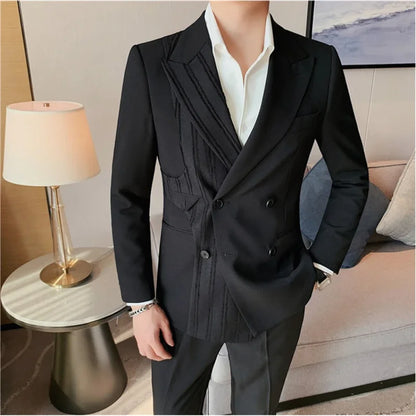 Autumn Stripe Stitching Blazers Men Double-breasted Casual Suit Jacket High-quality Male Business Social Wedding Dress Coat 2025