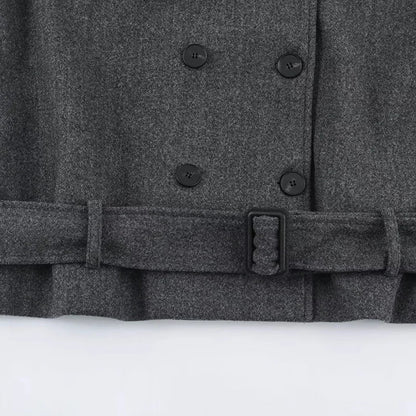 Women Blazer Coat Elegant Chic Dark Style Design Double Breasted Sashes Patchwork Solid Color Loose Woolen Overcoat HK27262