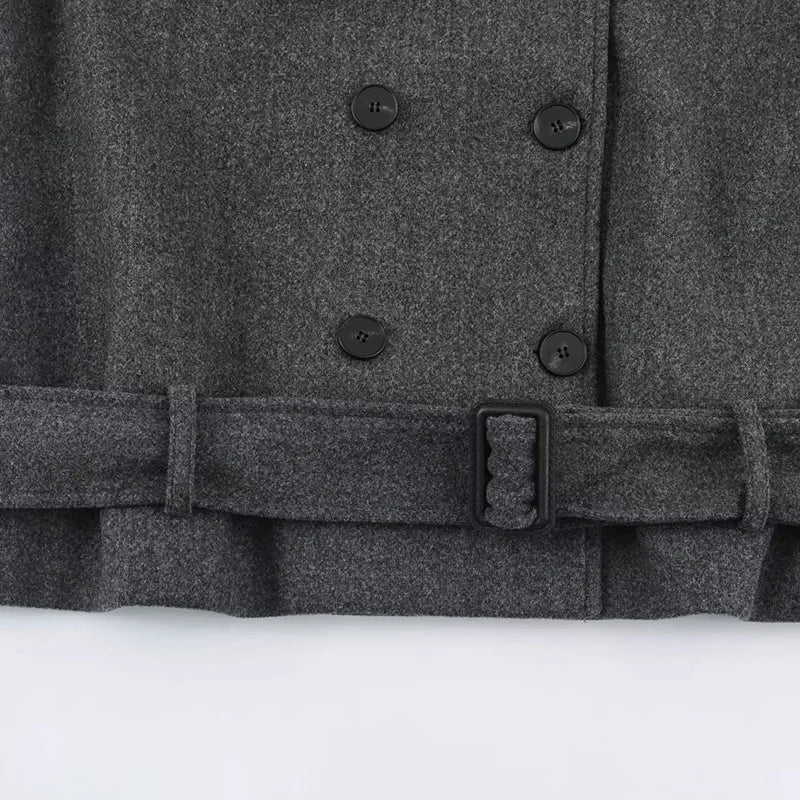 Women Blazer Coat Elegant Chic Dark Style Design Double Breasted Sashes Patchwork Solid Color Loose Woolen Overcoat HK27262
