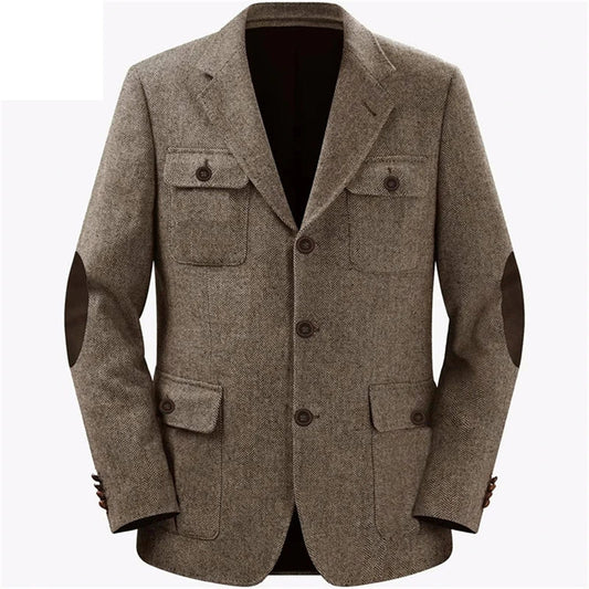 Men's Herringbone Tweed Blazer Long Sleeve Notch Lapel Elbow Patches Multi Pocket Single Breasted Jacket for Work Daily Party