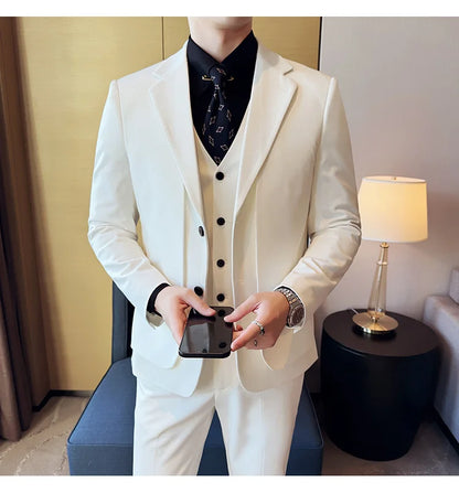 British Style Fake Two-piece Suit Set Men's Wedding Groom Dress 3 Piece Set Suit Vest Trousers Slim Office Business Casual Suits