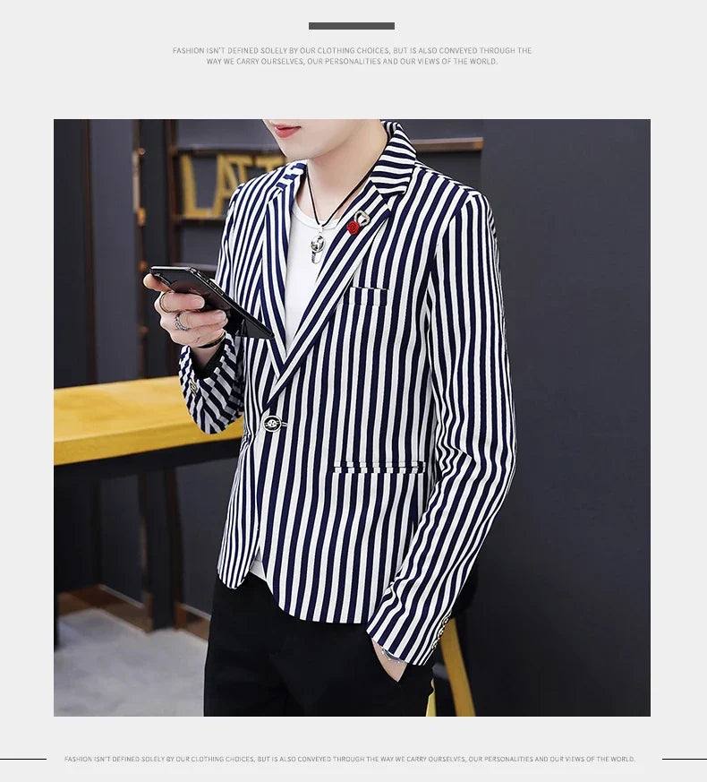 Men's Slim Fit Striped Casual Suit Jacket Korean Fashion Four Seasons New Boutique Handsome Small Suit