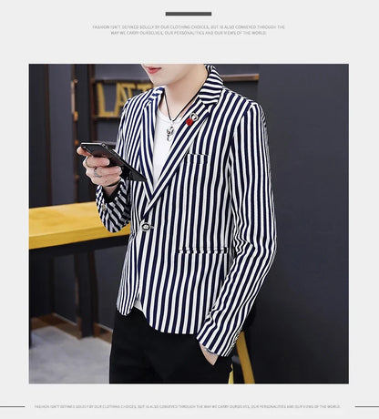 Men's Slim Fit Striped Casual Suit Jacket Korean Fashion Four Seasons New Boutique Handsome Small Suit