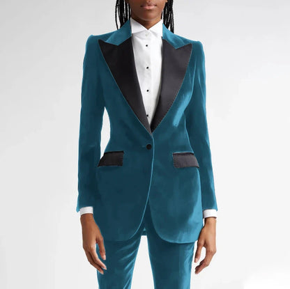 Black Flannel Women Suit Customized Single-grain Buckle Peaked Lapel Two Pieces(Jacket+Pants) Modern Business Office Lady Set