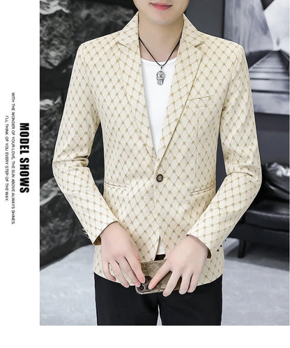 Korean Letter Print Men Blazers Brand 2024 Spring Casual Business Suit Jackets Slim Fit Street Wear Social Jacket Men Clothing