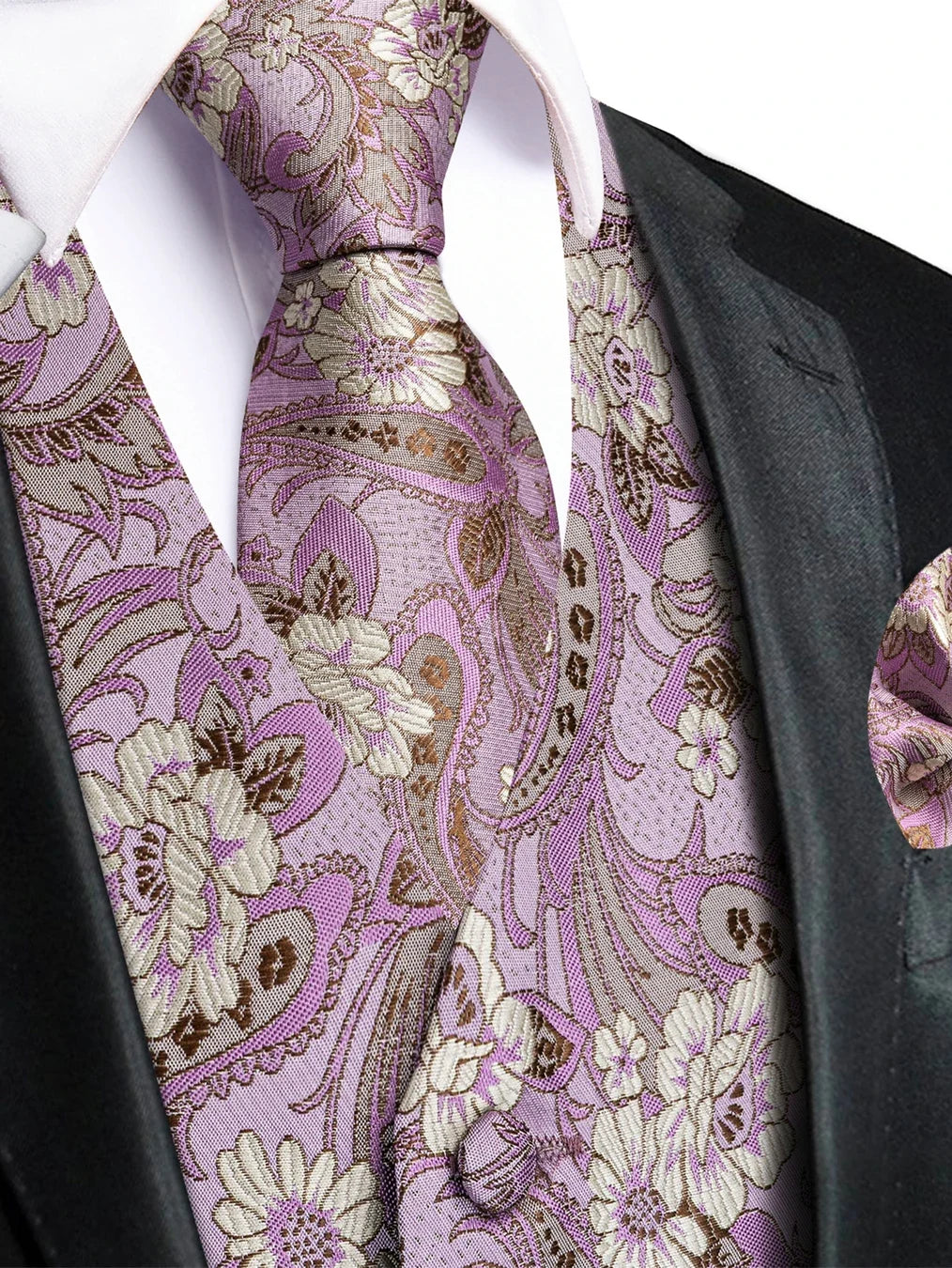 Men's Luxury Pink Jacquard Floral Vest Set – Formal Wedding & Prom Waistcoat with Tie, Bowtie & Pocket Square