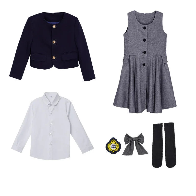 Kids School Uniforms Girls British Japanese Navy Jacket Suit Dress Boys Blazer Formal Outfits Chidren Student Clothes Class Sets