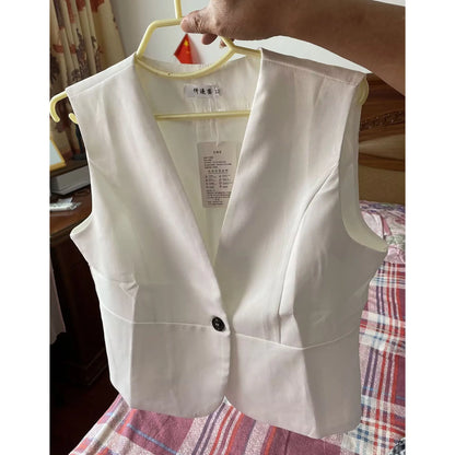 Korean Women Short Blazer Sleeveless Outwear Spring Autumn Female Suit Vest Jacket Ladies V-neck Lined Waistcoat Coat   ﻿