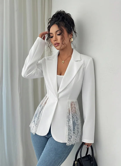Elegant Style Women's Suit Jacket A-Line Silhouette Lace Waist Color Block Autumn New Arrival Fashion Outerwear