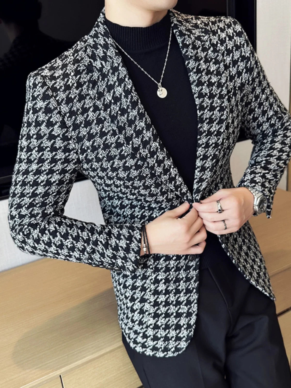 2023 Autumn Winter Plaid Men Blazers Thickened Casual Business Suits Jackets Single Buckle Wedding Groom Streetwear Social Coat