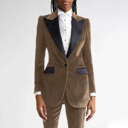Black Flannel Women Suit Customized Single-grain Buckle Peaked Lapel Two Pieces(Jacket+Pants) Modern Business Office Lady Set