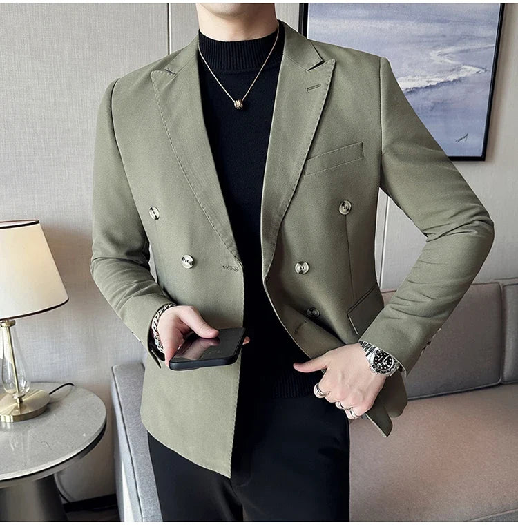 Autumn High-quality Double Breasted Slim Fit Suit Jacket Men Versatile Casual Business Blazer Wedding Social Banquet Formal Coat