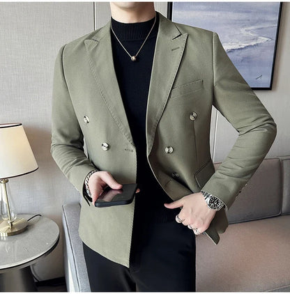 Autumn High-quality Double Breasted Slim Fit Suit Jacket Men Versatile Casual Business Blazer Wedding Social Banquet Formal Coat