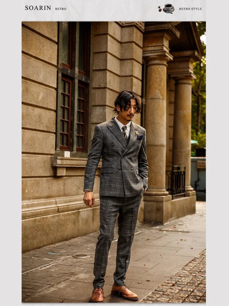 Retro British Style Double Breasted Suit Jacket Men's Checkered Business Formal Suit Wedding Professional Suit
