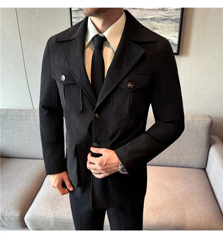 Autumn Winter Corduroy Medium Long Hunting Jacket Men's Fashion Thick Suit Jacket Casual Business Blazers Social Streetwear 2025