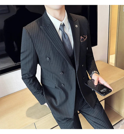 (Jacket + Vest + Pants)Three Piece Set Men Blazers Set stripe Suits Busines Casual Slim Fit Formal Dress Groom Tuxedo Wedding