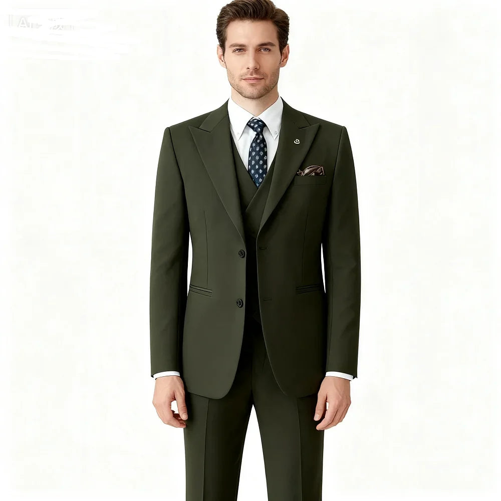 Men's 3 Piece Slim Fit Business Suit Groom Tuxedo With Double Breasted Blazer Vest And Pants For Wedding Party