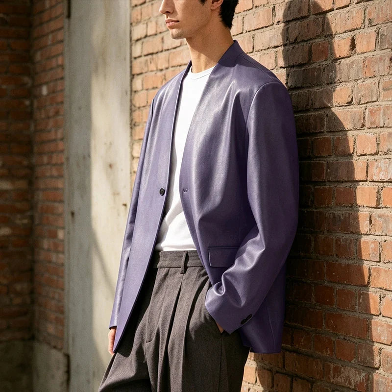 Men's PU Leather Collarless Blazer Single Button Loose Fit Jacket for Wedding Party Office