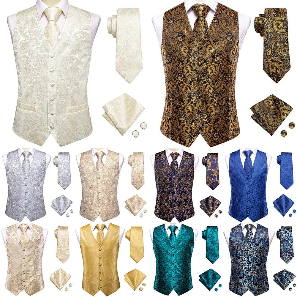 Men's Vest Paisley Jacquard Set with Necktie Pocket Square and Cufflinks for Weddings and Formal Events