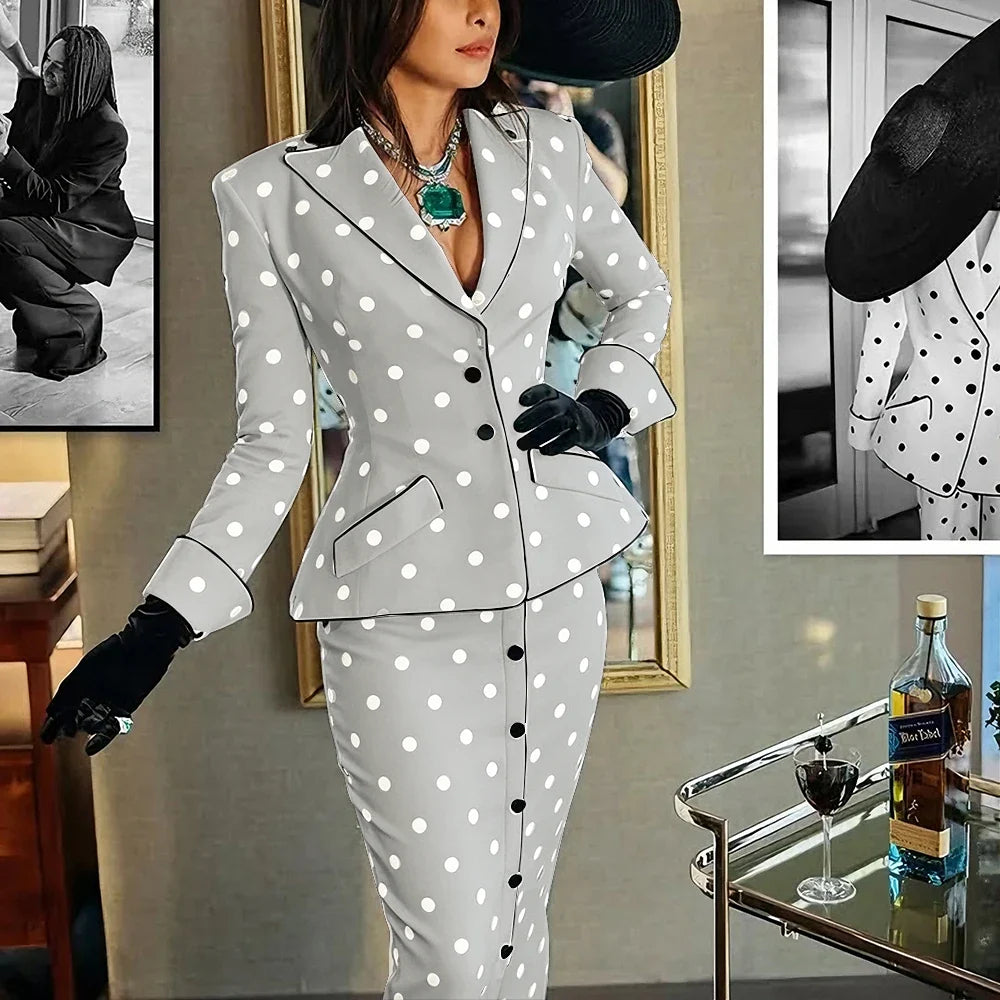 Elegant Polka Dot Woman Clothes Professional Two Piece (Jacket+Skirt) Set for Retro Formal Party Cocktail Evening Streetwear