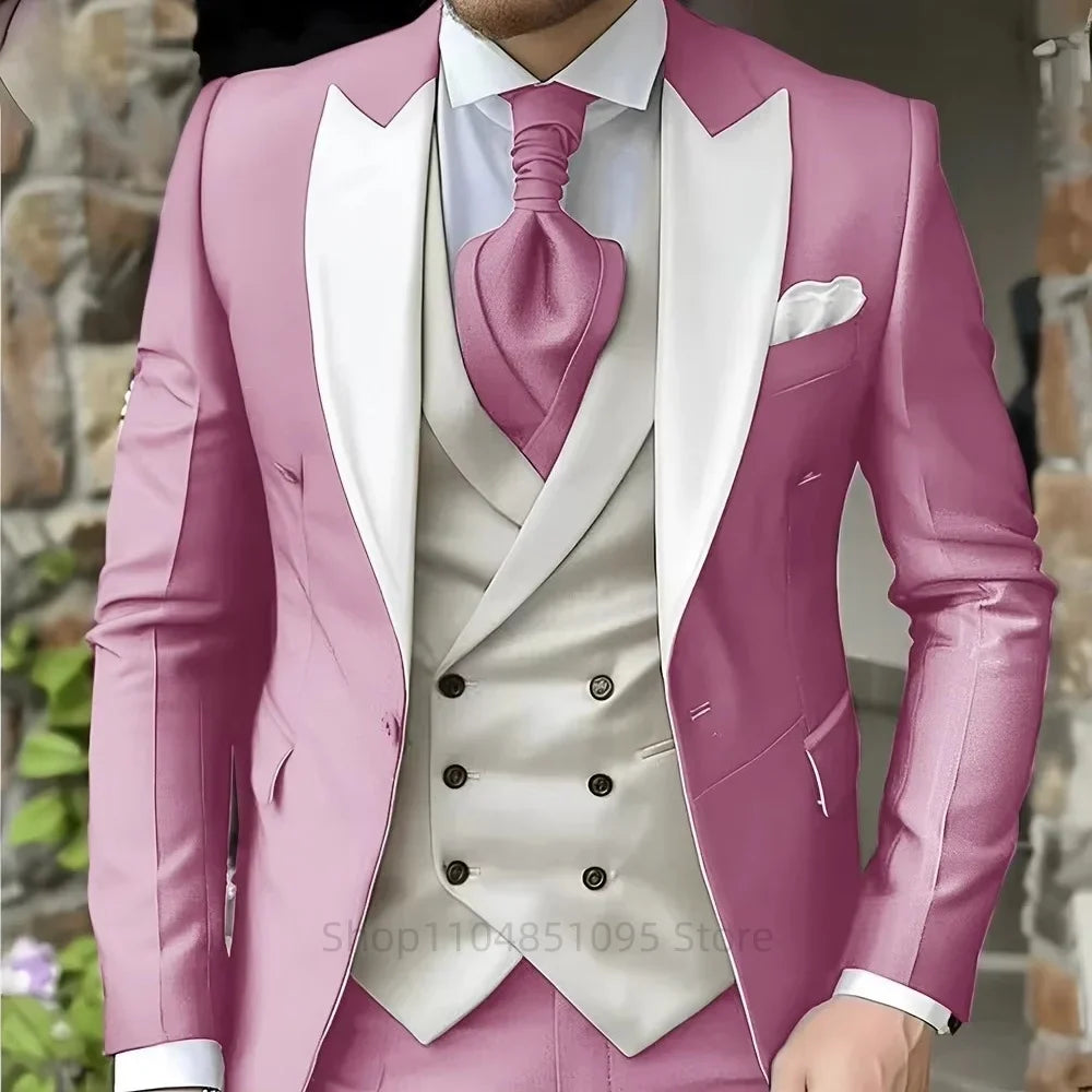 Costumes roses pour hommes Élégant smoking de marié à revers pointu Veste 3 pièces Gilet et pantalon Ensemble de costume formel pour hommes pour affaires et bal de promo