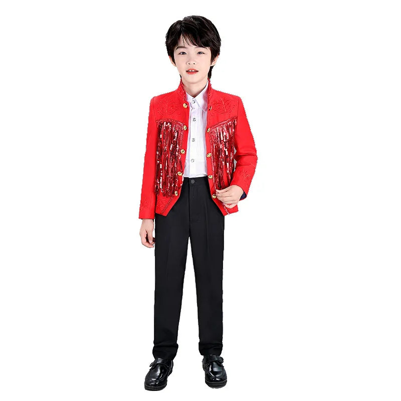 Boys Sequenant 2 Pieces/Set Jacket Pants Embroidery Paino Host Performance Dress Kids Stage Show Photography Suit Children's Set