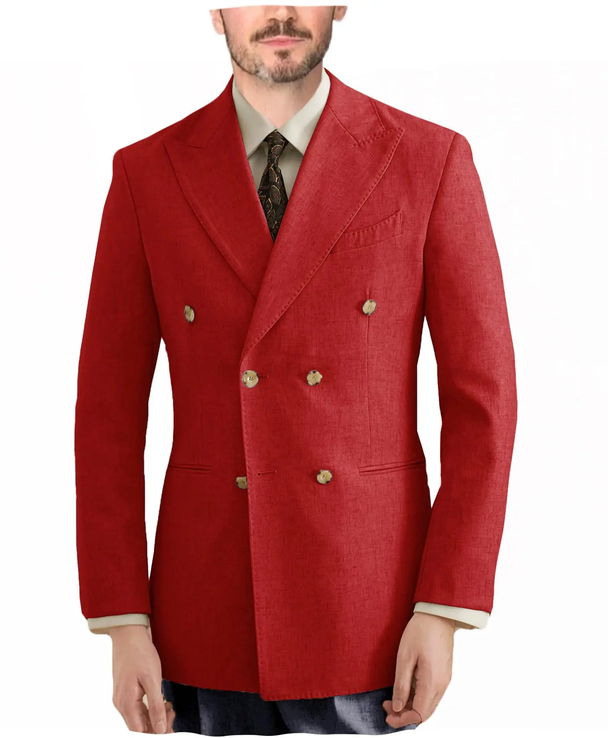 Burgundy Linen Blend Double Breasted Men's Blazer Peak Lapel Slim Fit Tailored Formal Men Suit Jacket For Wedding Groom Business