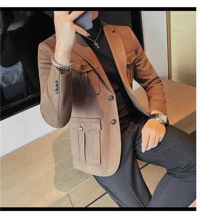 Winter Woolen Suit Jacket for Men Multiple Pockets Slim Fit Casual Business Blazers Masculino Wedding Streetwear Social Coats