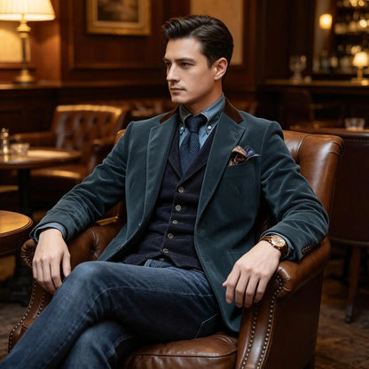 Men Velvet Blazer Contrast Brown Lapel Single Breasted Flap Pockets Smart Casual Business Streetwear Formal Outerwear
