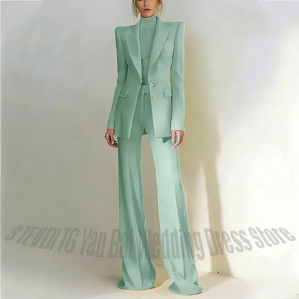 Women Pant Suit 2 Piece Set Office Female Business Work Formal Jacket Trouser One Button Chic Yellow Peaked Lapel Elegant Suit