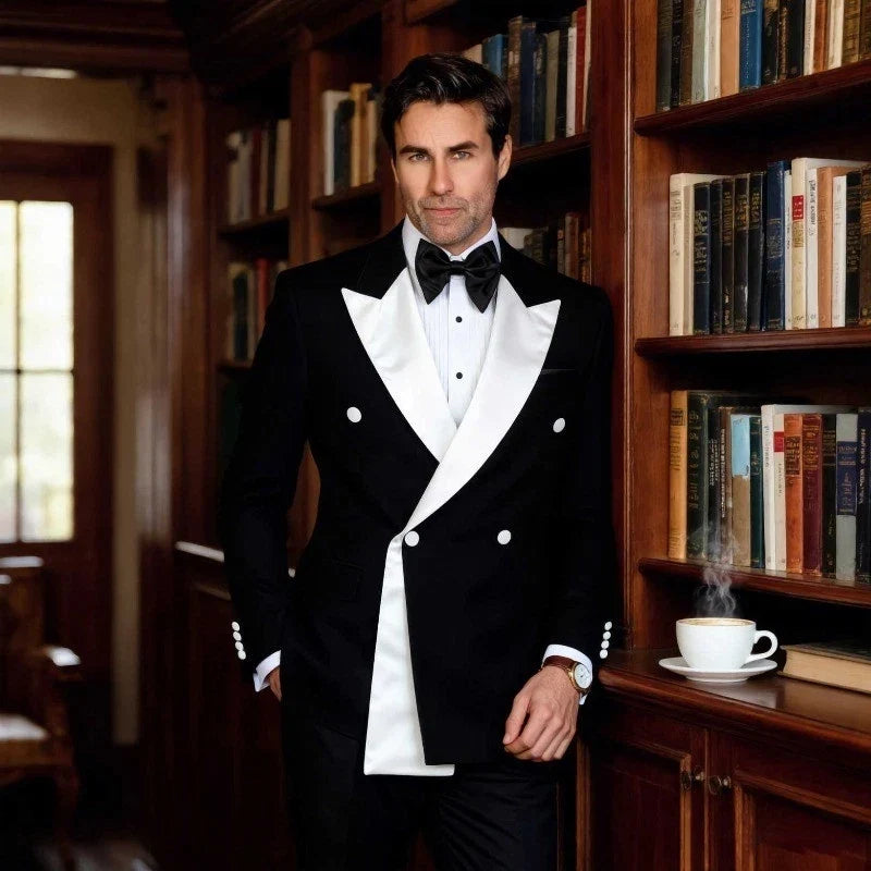 Men's Wedding Formal Suit Blazer Slim Fit Business Double Breasted Jacket Black British Style Tuxedo Dinner Party Prom Suit Coat