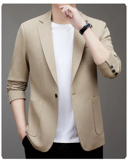 New men's suit jacket with non-stretch flat collar, waffle pattern, for business casual and fitted formal wear.