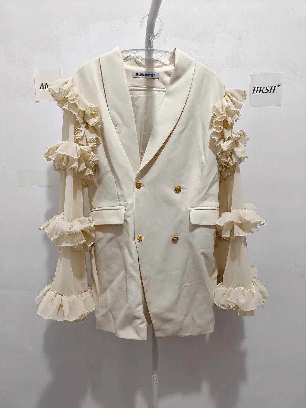 Spring Autumn New Women Blazer Double Breasted Ruffled Long Sleeve Patchwork Slim Fit Elegant Fashion Trendy Jacket HK13405