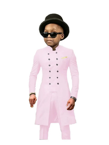African Stand Collar Kids Long Suit Set 2 Pieces Wedding Guest Outfit Double Breasted Boys Formal Tuxedo Birthday Party Wear