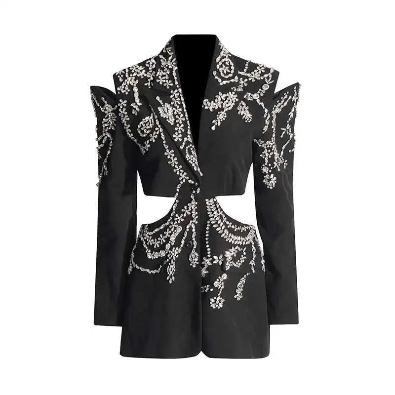Sexy Stylish Coats 2025 Spring Autumn New Women Diamonds Nail Bead Heavy Waist Exposed High Sense Long Sleeve Blazer HK3760
