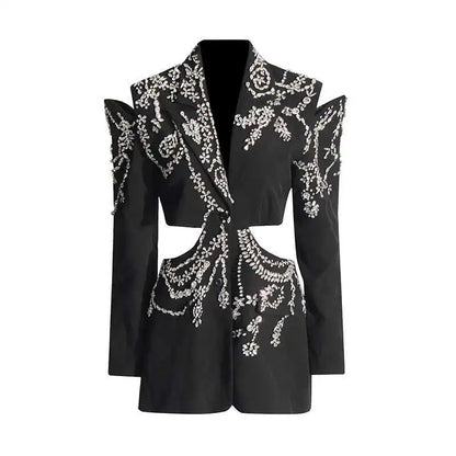Sexy Stylish Coats 2025 Spring Autumn New Women Diamonds Nail Bead Heavy Waist Exposed High Sense Long Sleeve Blazer HK3760