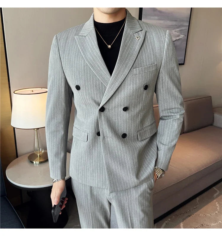 (Jacket + Vest + Pants)Three Piece Set Men Blazers Set stripe Suits Busines Casual Slim Fit Formal Dress Groom Tuxedo Wedding