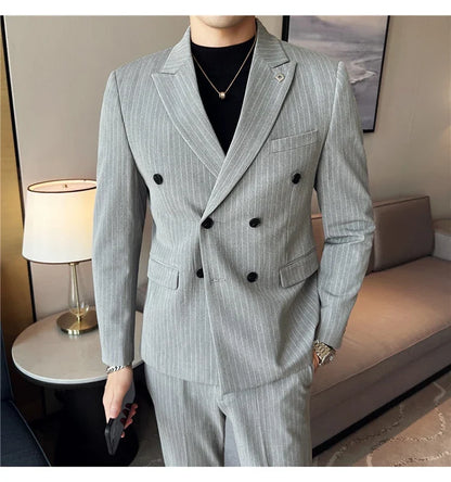 (Jacket + Vest + Pants)Three Piece Set Men Blazers Set stripe Suits Busines Casual Slim Fit Formal Dress Groom Tuxedo Wedding
