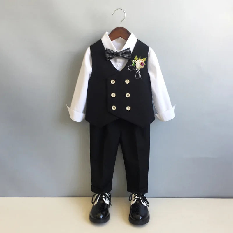 Children Formal Tuxedo Suit Flower Boys Wedding Dress Kids 1 Year Birhtday Photograph Suit Children Performance Party Costume