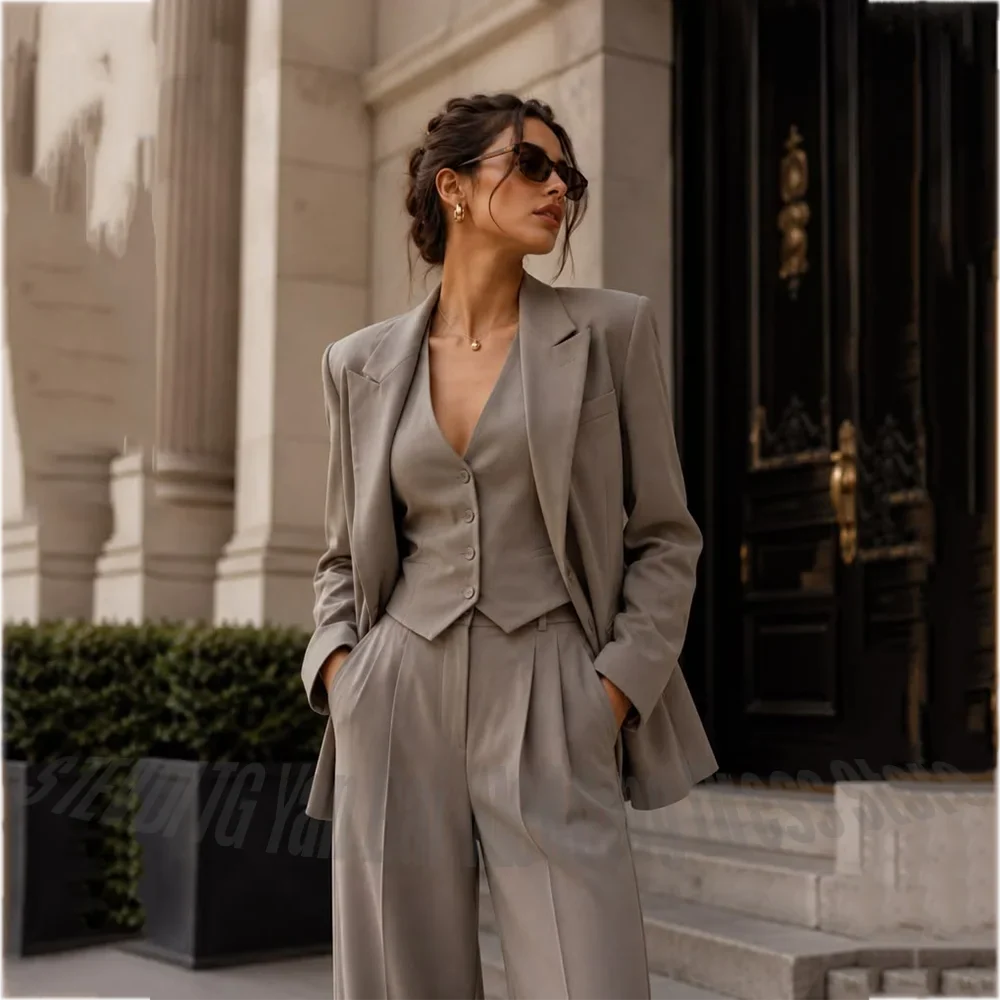 Elegant Women 3 Piece Suits Blazer Vest Pants Wide Leg Pleated Pants Set Formal Office Lady Wedding Guest Party Female Outfit