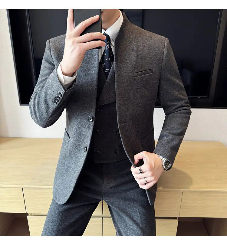 Men's 3-Piece Slim Fit Stand Collar Suit – Wedding, Prom & Office Formal Set