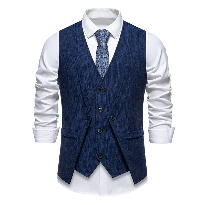 Men's Triple-Breasted Herringbone Tweed Vest – Retro Fake Two-Piece Waistcoat for Weddings & Smart-Casual Occasions