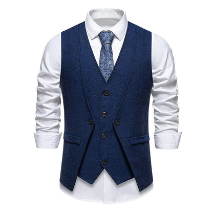 Men's Triple-Breasted Herringbone Tweed Vest – Retro Fake Two-Piece Waistcoat for Weddings & Smart-Casual Occasions