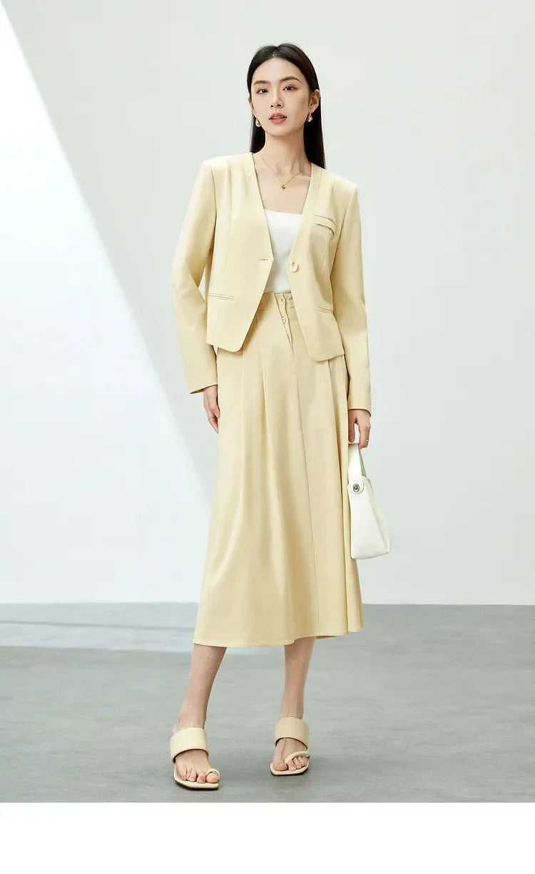 Women Cropped Blazer 2026 Autumn Loose One Button V Neck Jacket Ladies Straight Elegant Commuter Short Coat 141X53363