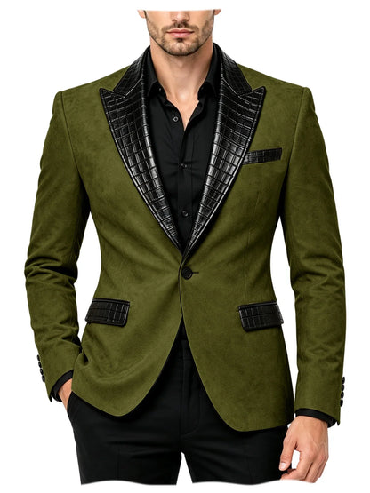 Men's Suede Slim Fit Blazer Jacket Crocodile Pattern Lapel Design Suit Coat Formal Business Prom Wedding Party Tuxedo Outerwear